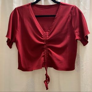 Red Ribbed Cropped Drawstring-Tie Ruched-Front Top